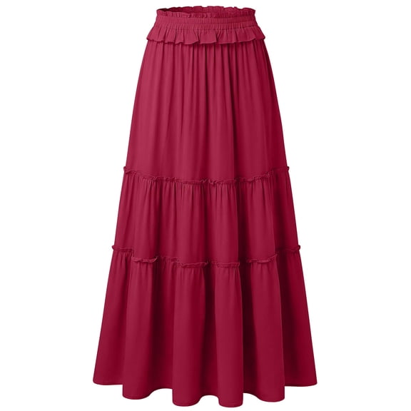 Stamzod 2026 Spring Summer Elastic Waisted Ruffle Long Skirt Flowy Tiered A-Line Maxi Skirts for Women Red M