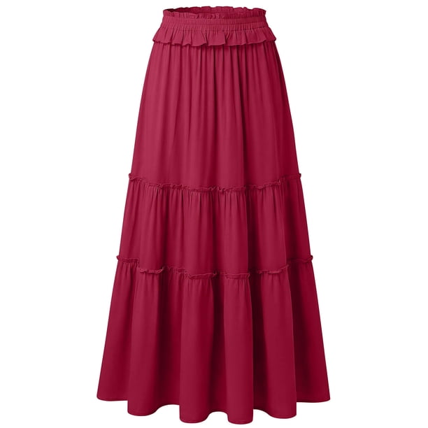 TaTaai Women's Spring Summer Casual Skirt Solid Color Elastic Waist with Pockets Pleated Ankle Length Long Maxi Skirt Soft Stretchy Gift