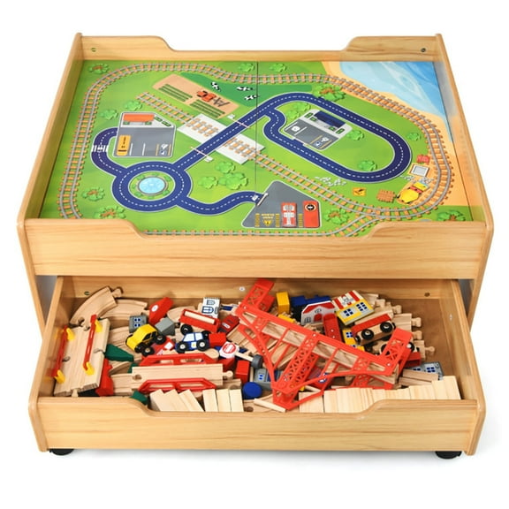 GVN Children's Wooden Railway Set Table with 100 Pieces Storage Drawers
