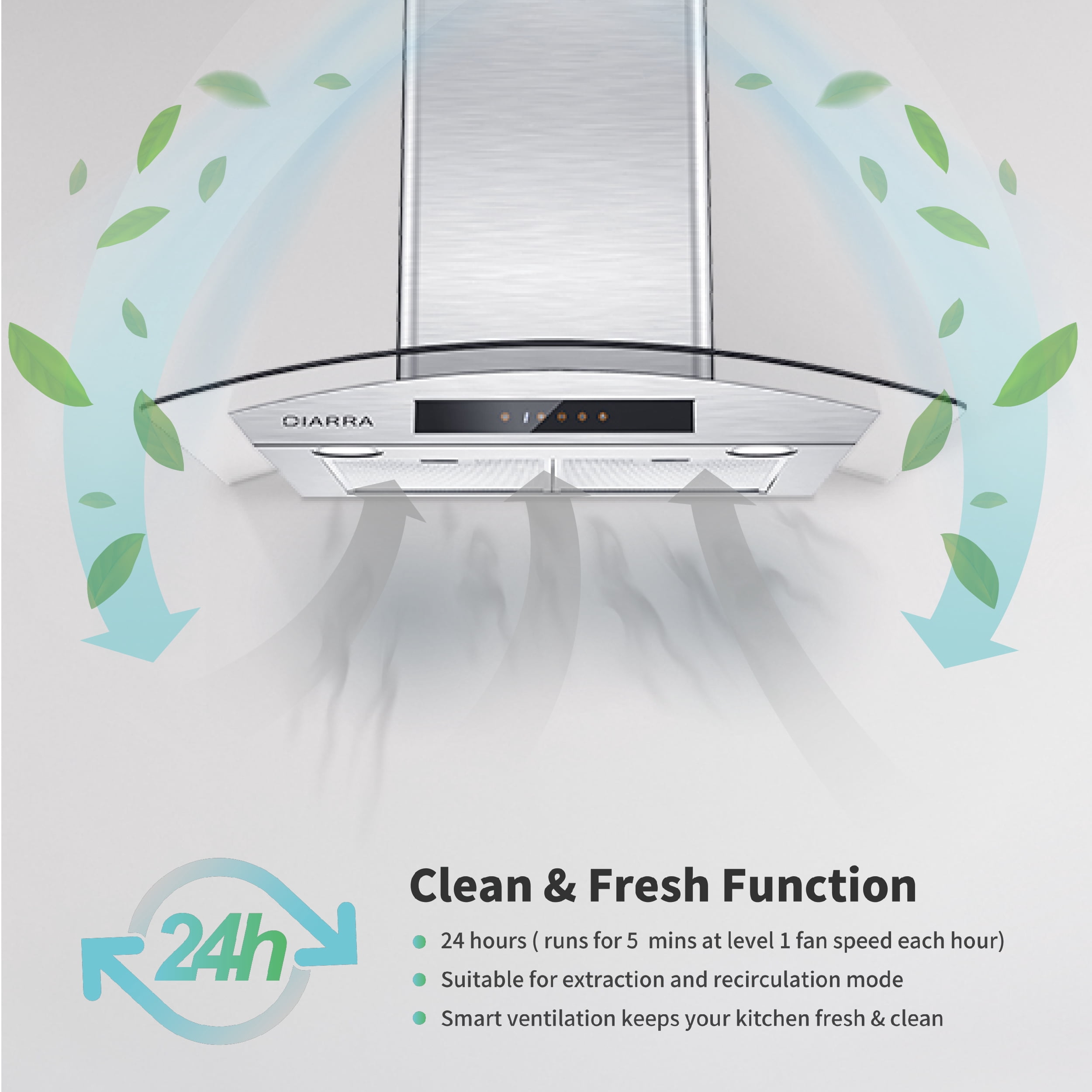 CIARRA Wall Mount Range Hood 30 inch with Tempered Glass 450 CFM Kitchen Vent Hood Ductless Ducted Convertible CAS50275