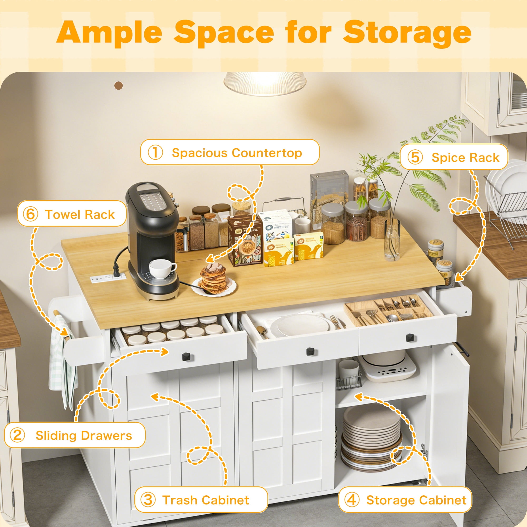 ZIDTIA 60" Kitchen Island with Drop Leaf & Power Outlet, Kitchen Rolling Island with Spice Rack & Towel Rack, Mobile Kitchen Storage Cart with Trash Cabinet, White