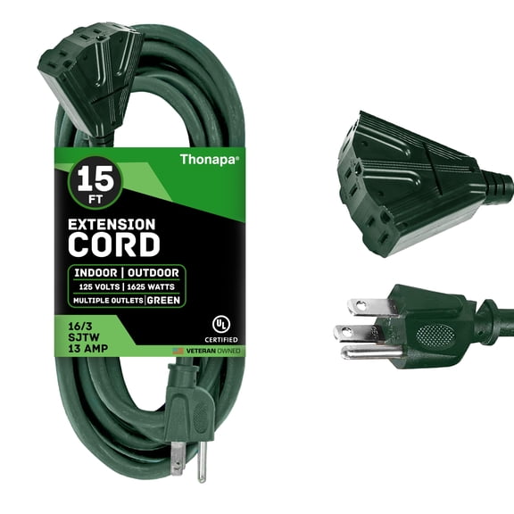 Thonapa Weatherproof Green Extension Cord 15 ft 3 Outlets, 16/3 SJTW Outdoor Extension Cord with Multiple Outlets 15 Foot, 13 AMP Exterior Electric Cable 3 Way Plug for for Outdoor Lights Landscaping