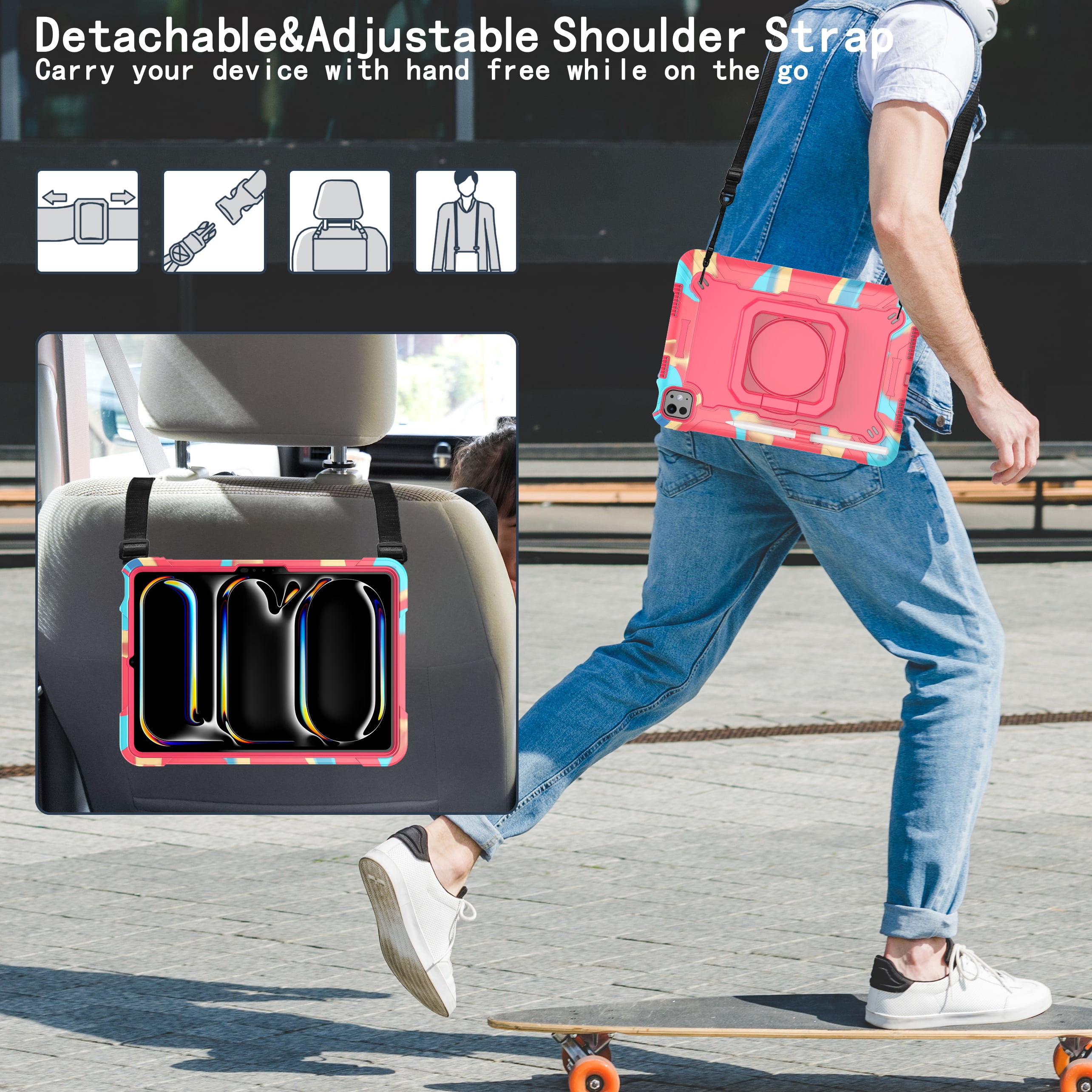 Allytechgroup Shockproof Case for Apple iPad Pro 11 Inch 2024 M4, with Shoulder Strap Pencil Holder Rotating Stand Handle Kids Friendly Heavy Duty Protection Cover for iPad Pro 11" 2024,Colorfol Rose