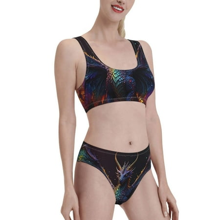 Uemuo Rainbow Wings Majestic Dragon Printed Women s High Waisted Bikini Sets Sporty Two Piece Swimsuits Color Block Cheeky High Cut Bathing Suits-Large