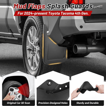 2025 Upgraded Mud Flaps for 2024-2026 Toyota Tacoma Mud Guards Accessories All Weather Mud Flaps Splash Guards Tacoma Mudflaps No-Drill Front and Rear-Black,4 Pc