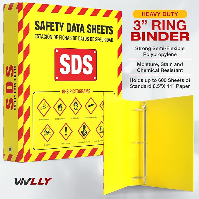 Pack of 10 MSDS Wall Station - 3 Inch 3 Ring Material Safety Data Sheet Binder with SDS Wire Rack and Display Sign, Chain, Mounting Hardware, SDS Poster, MSDS Labels - Heavy Duty OSHA Yellow Binder