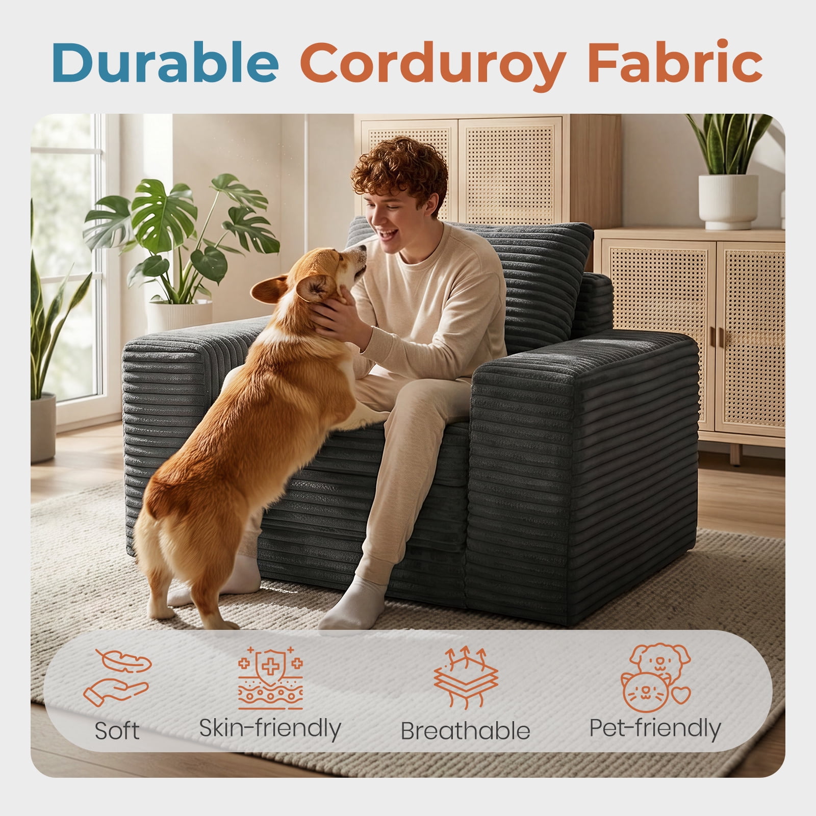 Single Pull Out Folding Sofa Bed with Memory Foam, Corduroy Convertible Sleeper Couch with Pillow, 75.6" Sleeping Surface Space Saving Sofa for Apartment Dorm Guest Room