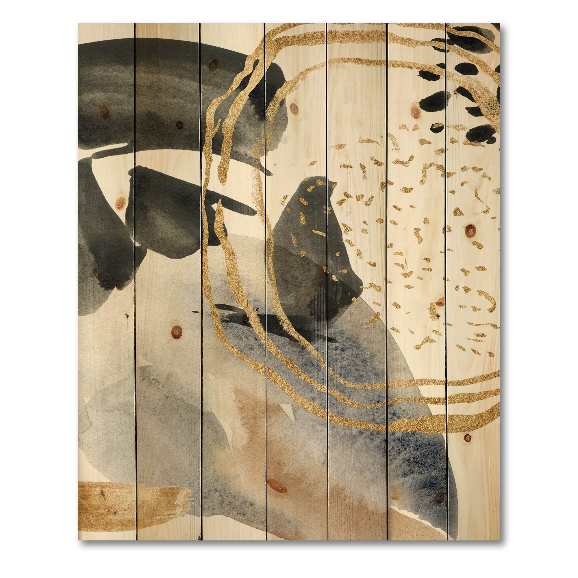 Designart 'Pastel Abstract With Black Blue Beige and Gold Spots' Modern Print on Natural Pine Wood