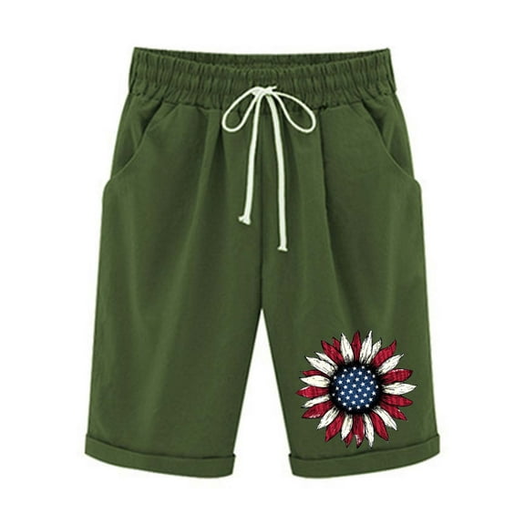 July 4th Iyufng Womens Shorts Plus Size Shorts for Women,Independence Day Summer Shorts Printed Elastic Waist Casual with Pockets Drawstring Half Shorts Pants,S-2XL