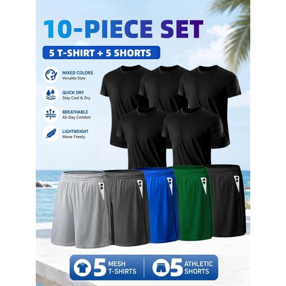 10-Pack Men's Performance Athletic Outfit Sets, 5 Breathable Quick Dry Mesh T-Shirts & 5 Athletic Shorts with Side Pockets, Lightweight Activewear Set for Gym, Running, Outdoor Sports