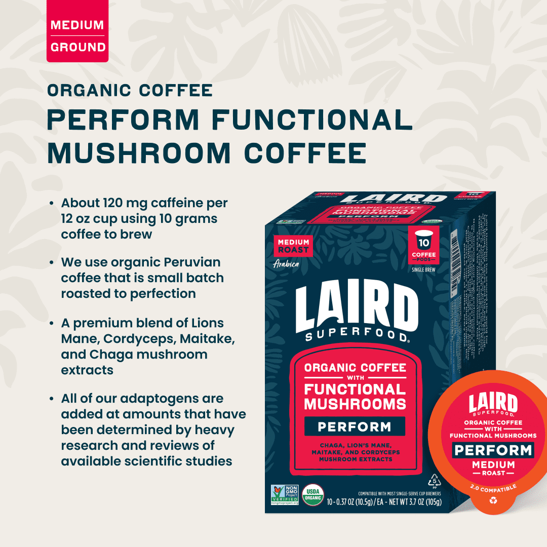 Laird Superfood Perform Functional Mushroom Coffee Pods, Medium Roast, 10 Count