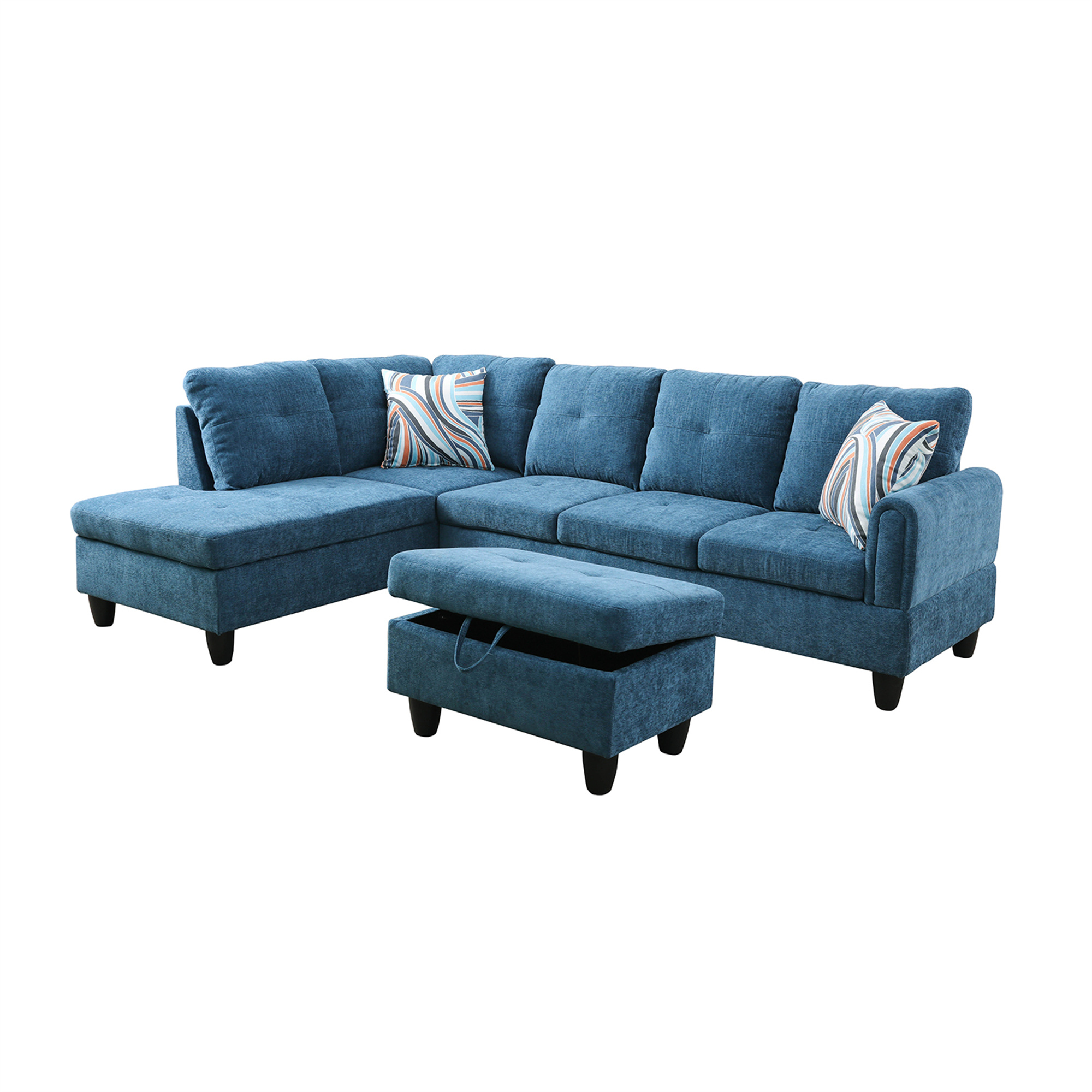 Aukfa Sectional Sofa, Living Room Couch with Storage Ottoman, Left Facing Chaise, Flannel, Blue