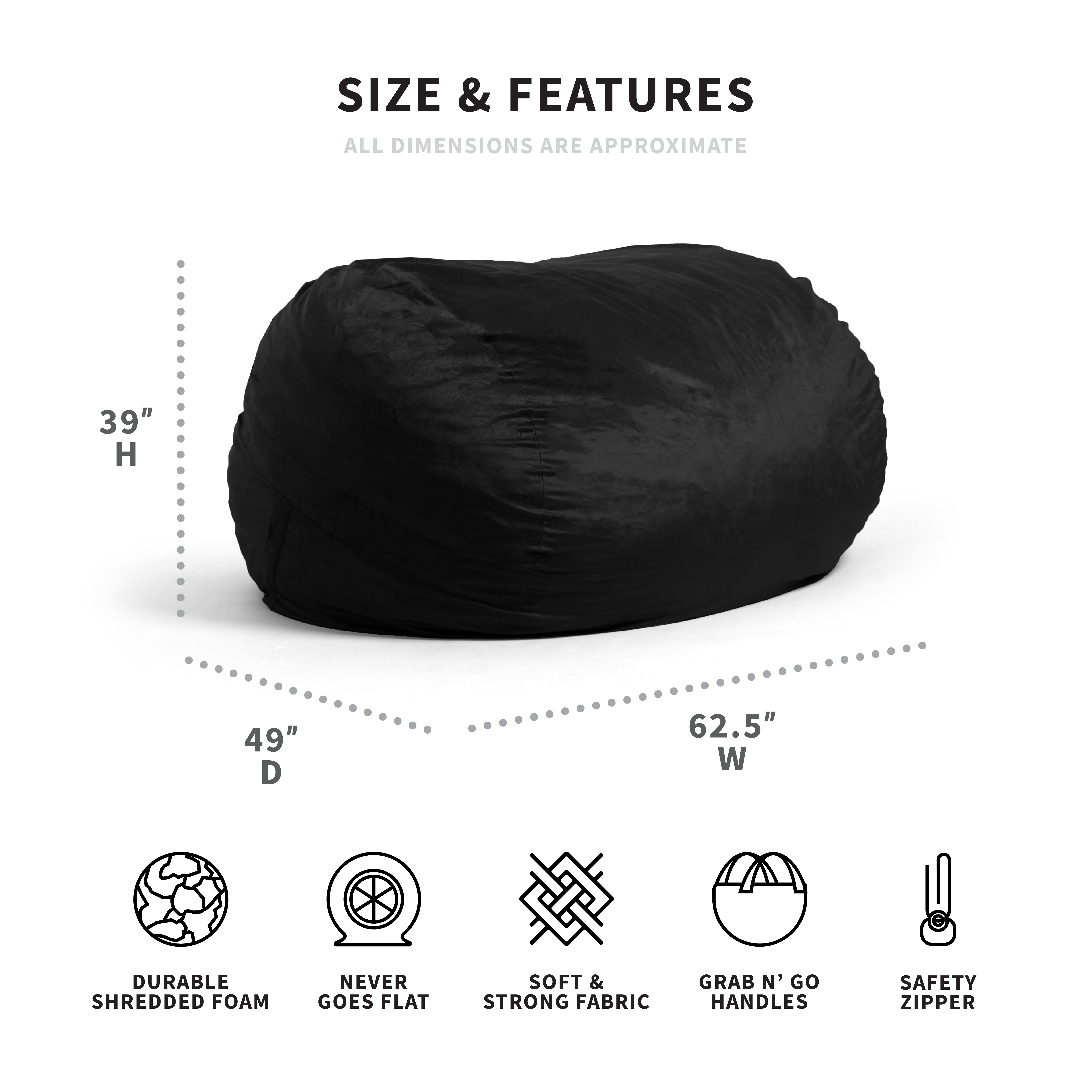 Big Joe Fuf XL Bean Bag, Plush 5ft, Black - image 3 of 8