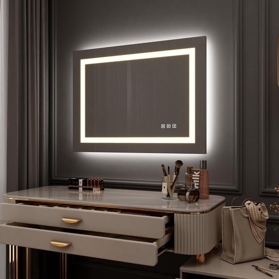 Waterpar 32 in. W x 24 in. H LED Lighted Single Frameless Bathroom Mirror with Anti Fog Dimmable Vanity