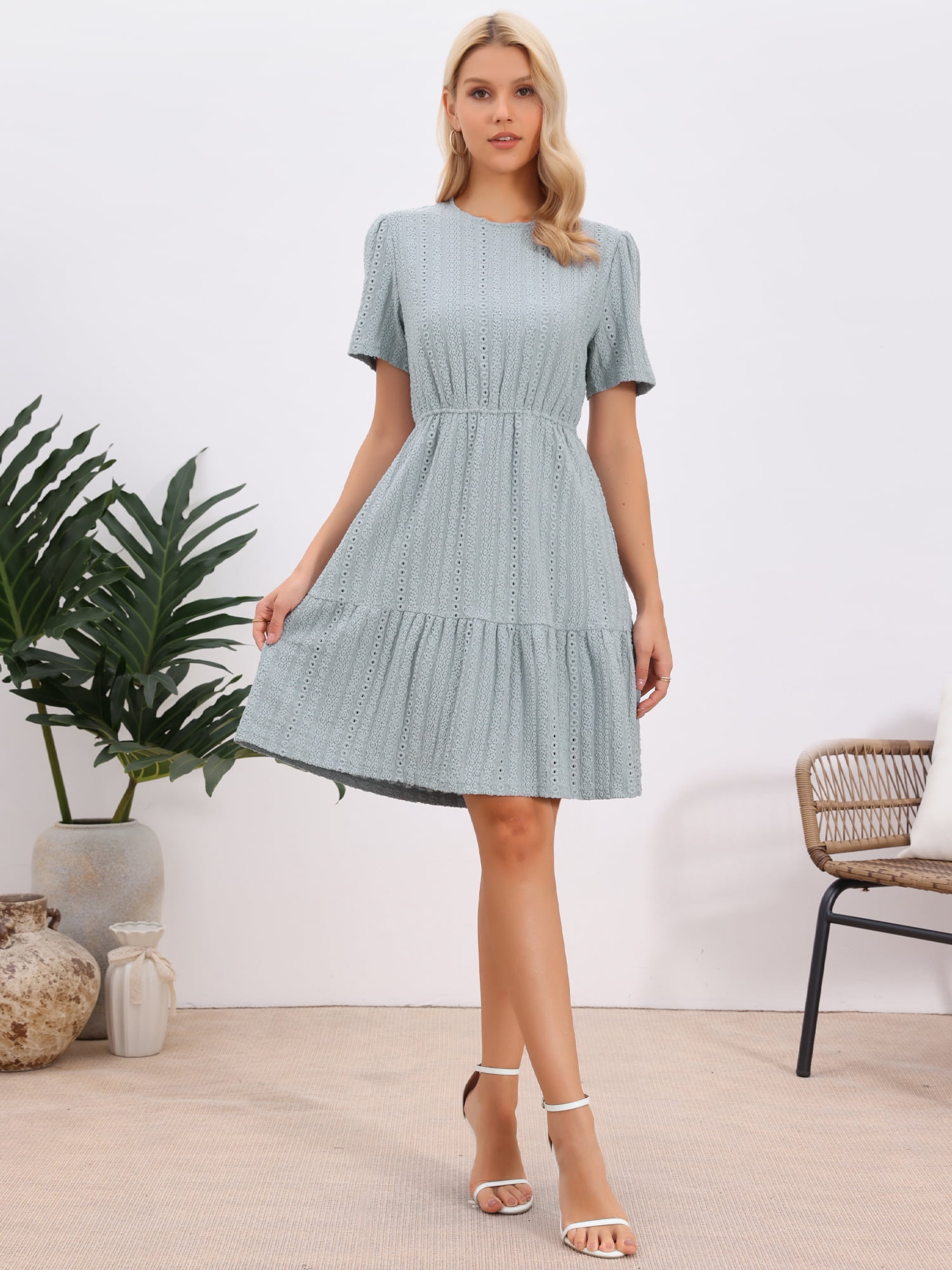 DARING DIVA Women's Tiered Flare Crew Neck Mini Crochet Short Sleeve Flowy Dresses L Blue
