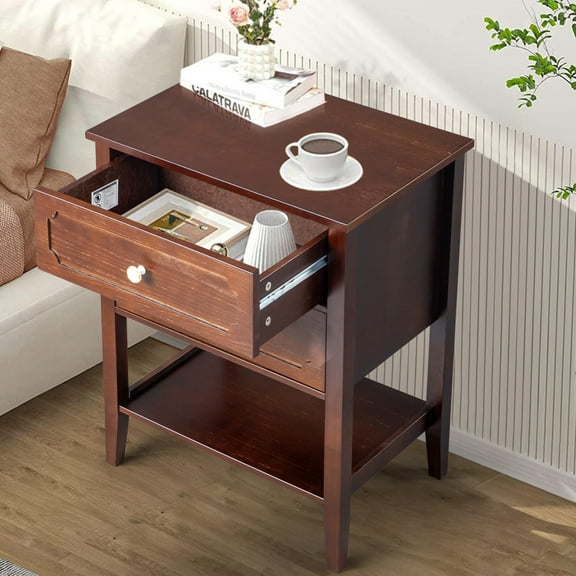 Wooden Nightstand with 2 Drawers and Bottom Shelf, Elegant Bedside Table End Side Table, Wooden Accent Night Stand for Bedroom, Living Room, Brown (22"W x 15.3"D x 27.9"H)