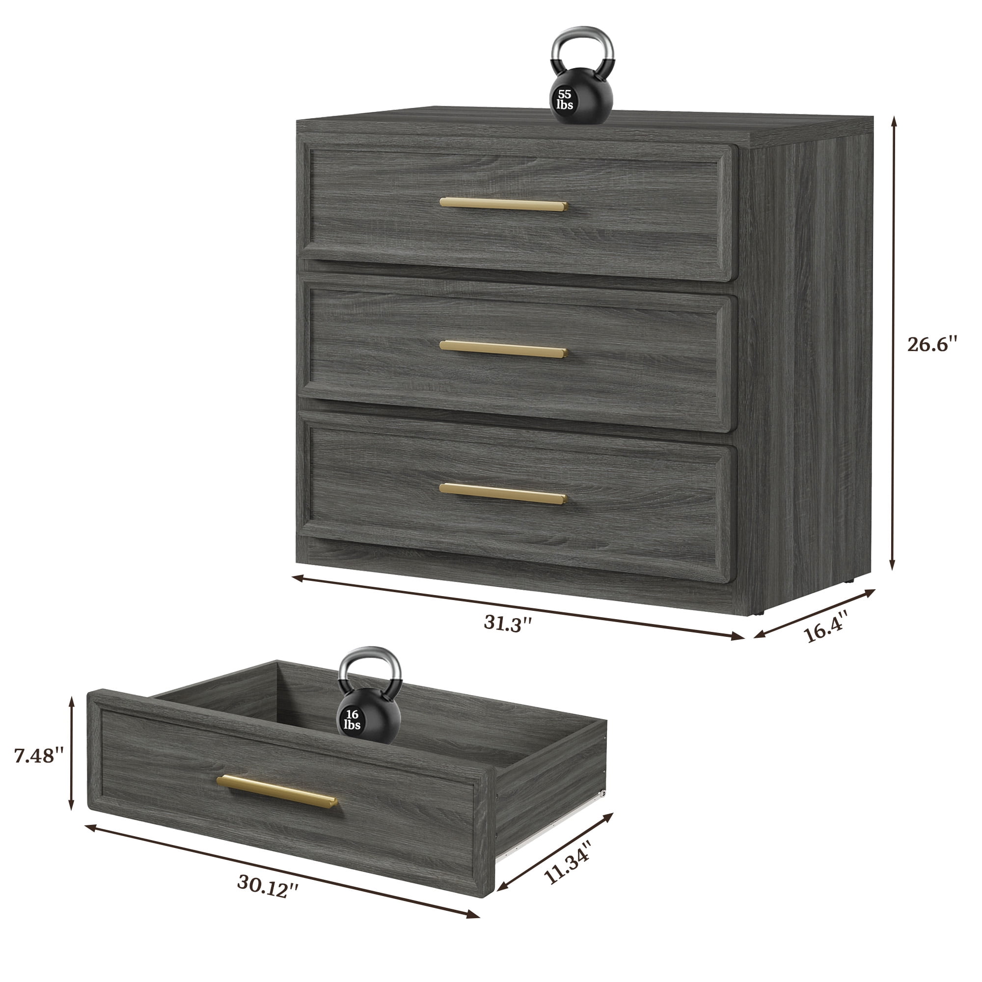 SICOTAS 31.3" W 3-Drawer Nightstand with Oversized Large Storage , Modern Night Stands Bedside Table with Adjustable Feet & Gold Handles for Bedroom Living Room Entryway, Dark Grey Oak