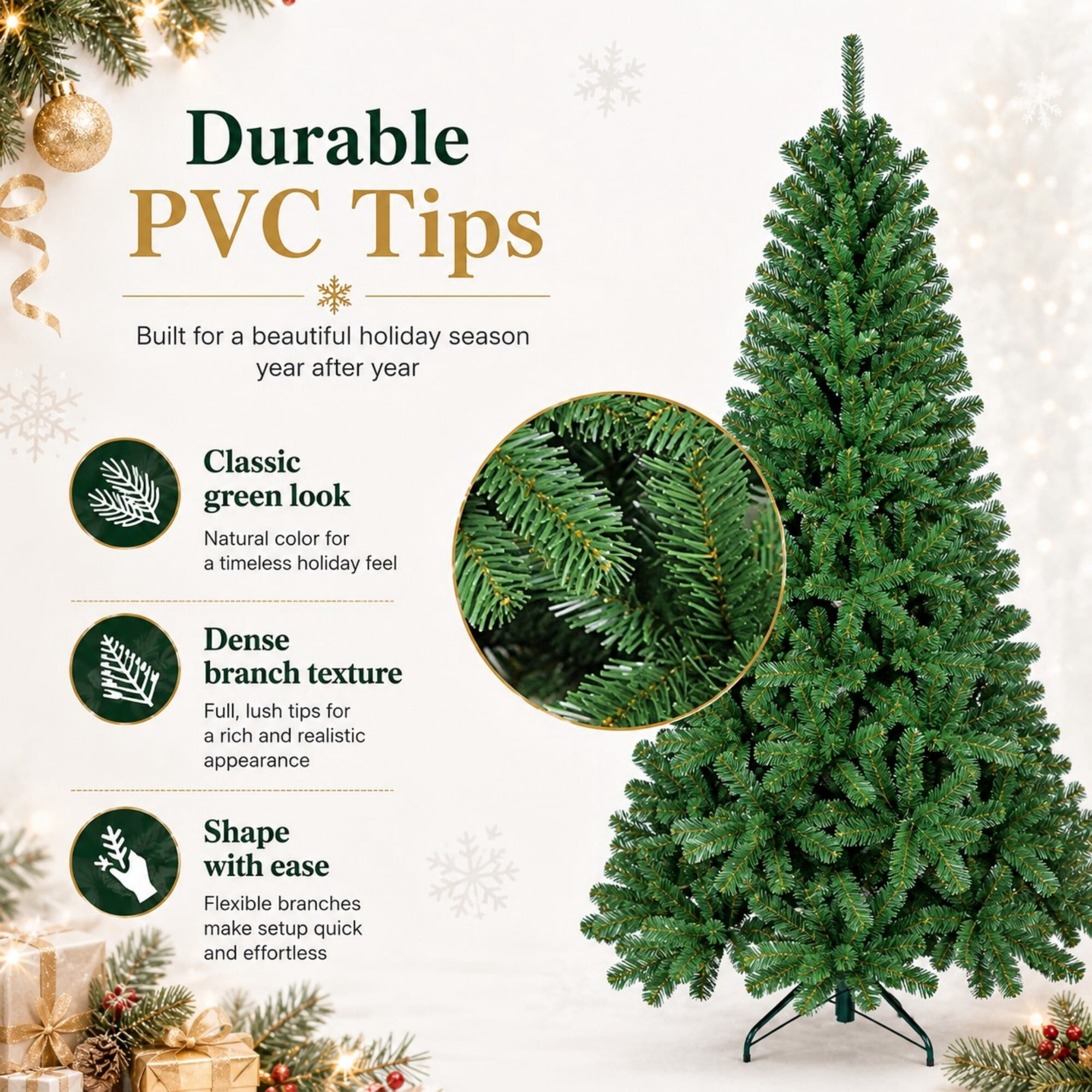 DEALTOPS 8 FT Unlit Artificial Christmas Tree, 1136 PVC Tips, Hinged Green Holiday Tree with Metal Stand