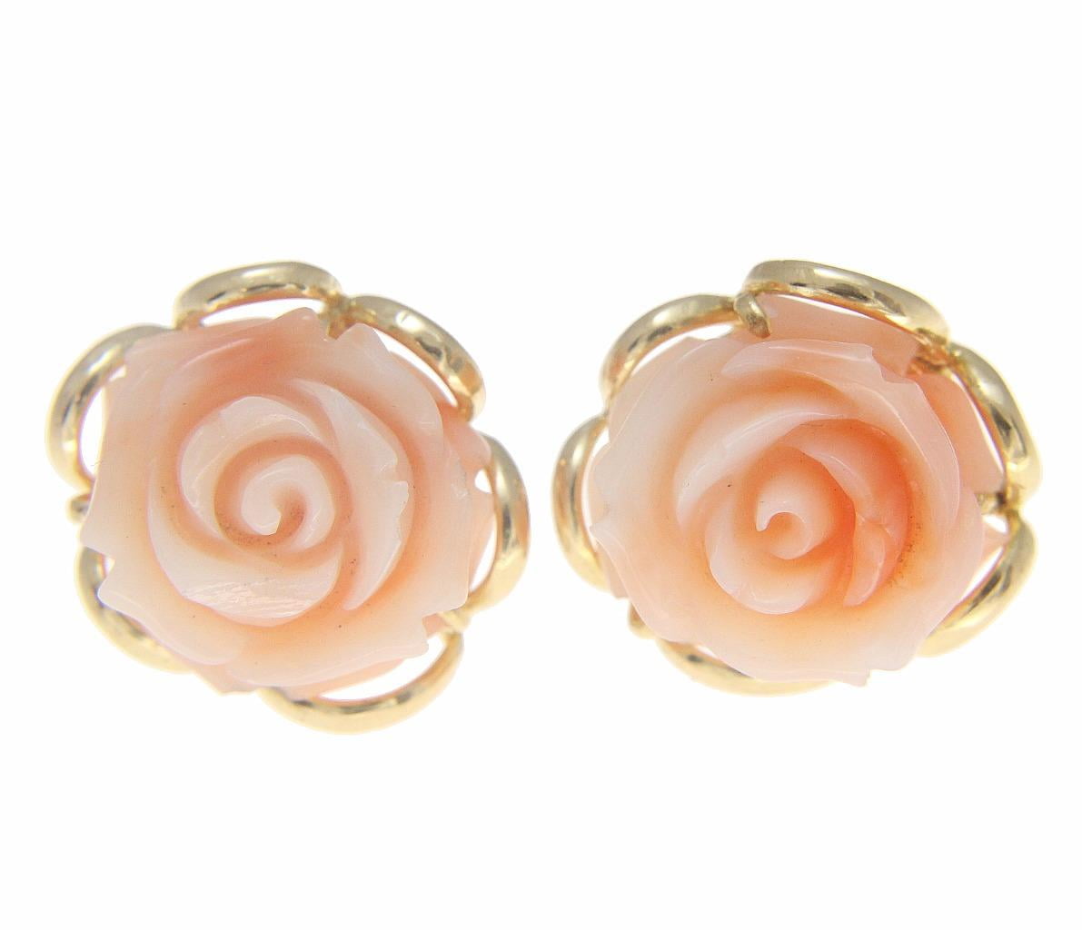 Genuine natural pink coral carved flower stud earrings solid 14k yellow gold by