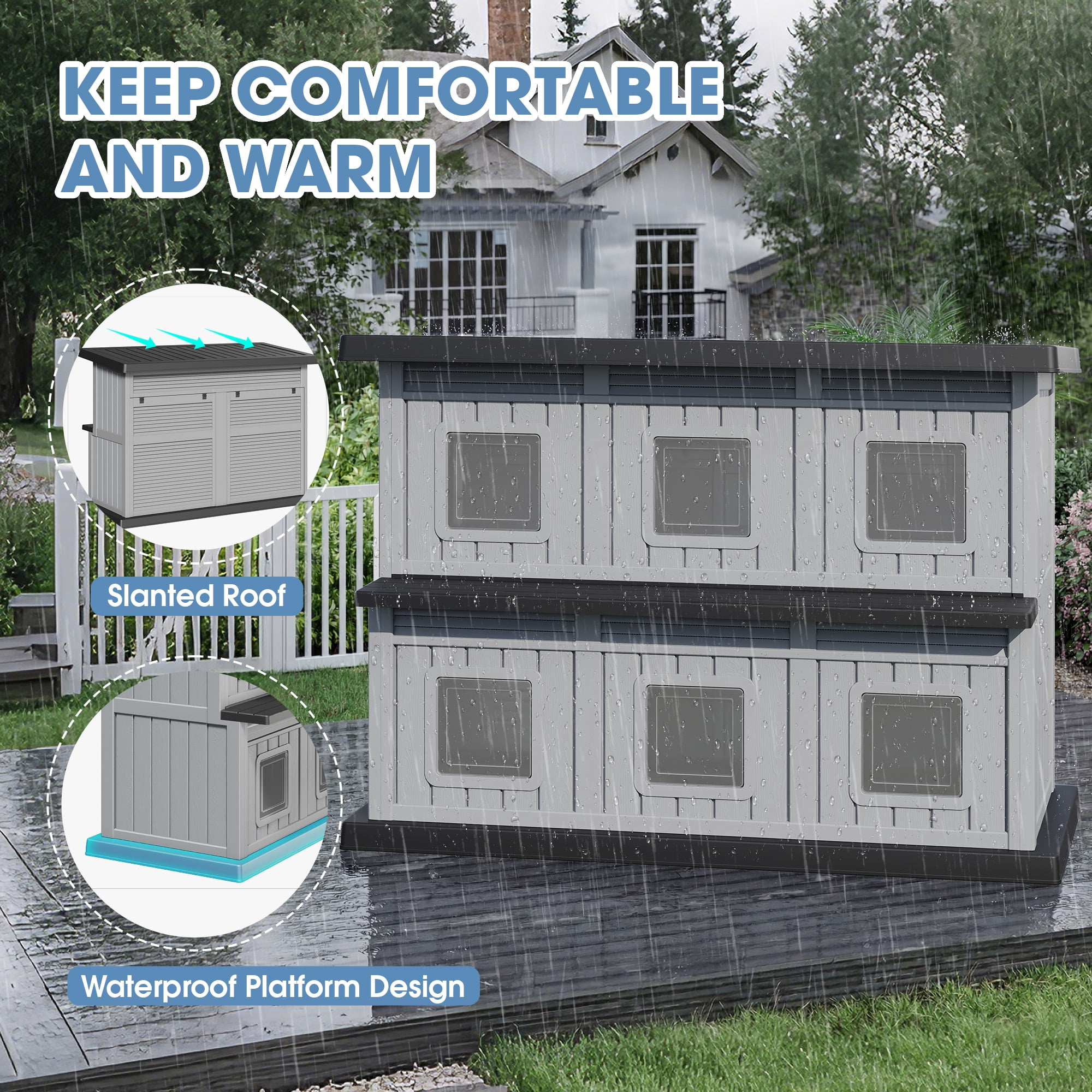 Bifanuo Outdoor Cat House,Double-Decker Resin Cat House,Weatherproof UV Protection Cat Shelter for Feral Cats,Assemble Easily for Home & Yard,Black&Gray
