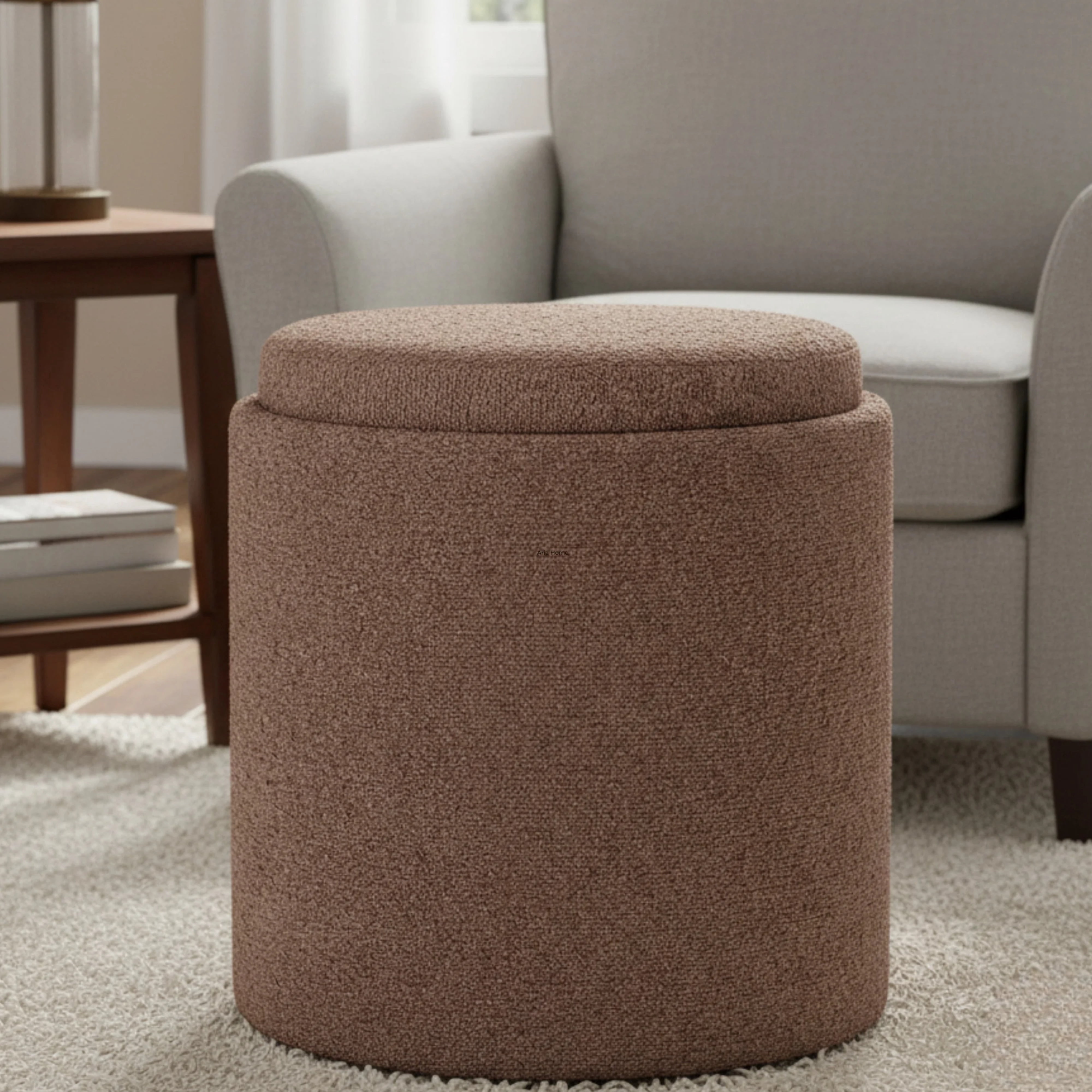 Aria Home Plush Boucle Tray Top Storage Ottoman, Modern Accent Seating & Organizer, Brown