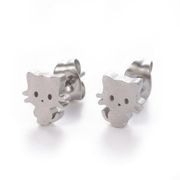 6Pair Tarnish Resistant 304 Stainless Steel Kitten Stud Earrings with Ear Nuts/Earring Back Cat Stainless Steel Color 8x7mm Pin: 0.8mm DIY