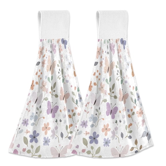 Haosy 2 Pack Kitchen Wash Cloths with Hanging Loops Absorbent Absorbent Quick Drying Hand Towels, Butterflies and Flowers