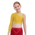 thumbnail image 1 of Manyakai Kids Girls Shiny Rhinestone Jazz Latin Modern Lyrical Dance Crop Tops Irregular Shoulder Yellow 12, 1 of 7