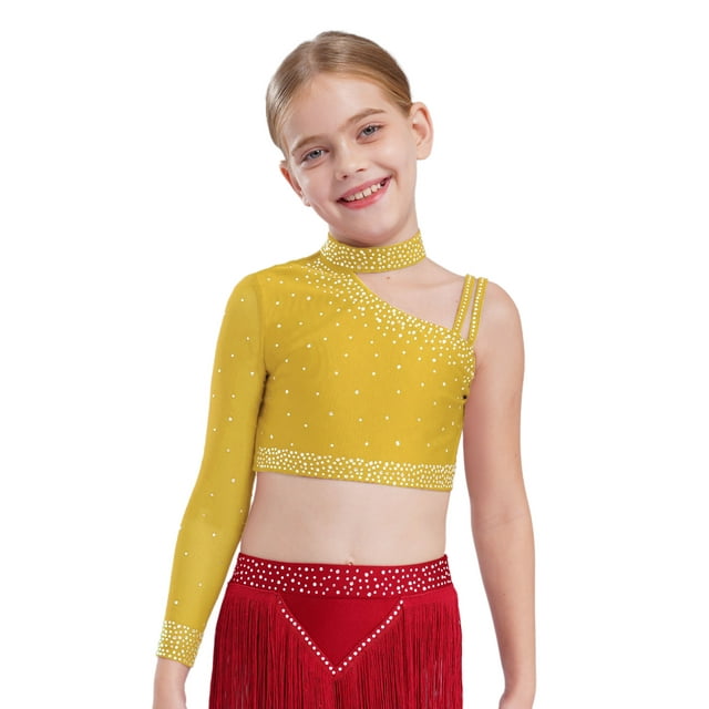 Manyakai Kids Girls Shiny Rhinestone Jazz Latin Modern Lyrical Dance Crop Tops Irregular Shoulder Yellow 16