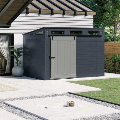 Suncast 10 ft. x 7 ft. Barndoor Shed – 483 cu. ft. Storage Shed with Sliding Door