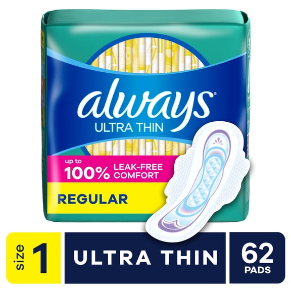 Always Ultra Thin Pads with Wings, Size 1, Regular, 62 Count