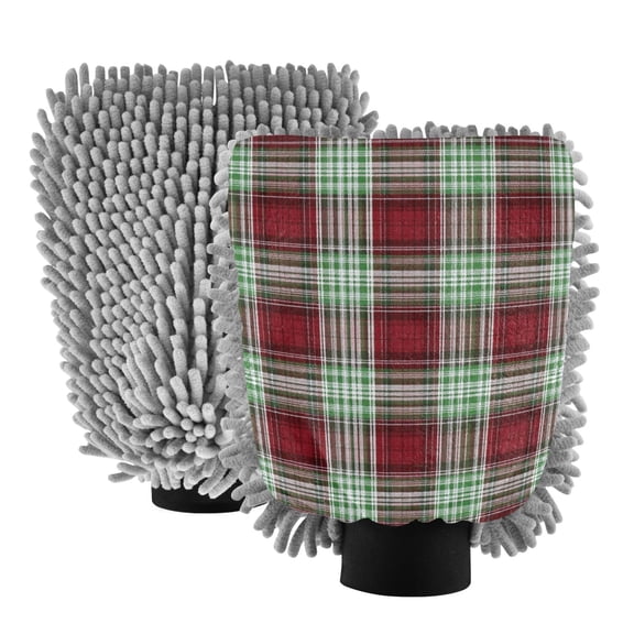 Microfiber Car Wash Gloves With Chenille & Polyester Terry Scratch-Free Cleaning Elastic Cuffs Red Green White Plaid