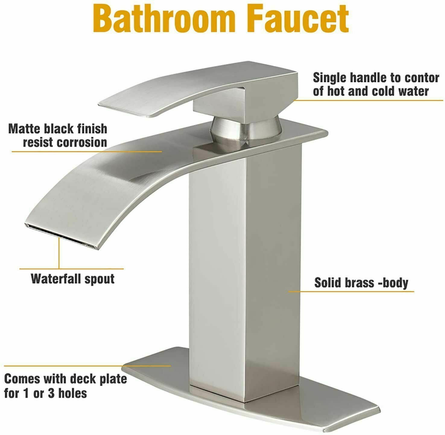 Bathroom Sink Faucet 1 Hole Single Handle Waterfall Lavatory Vanity Mixer Taps