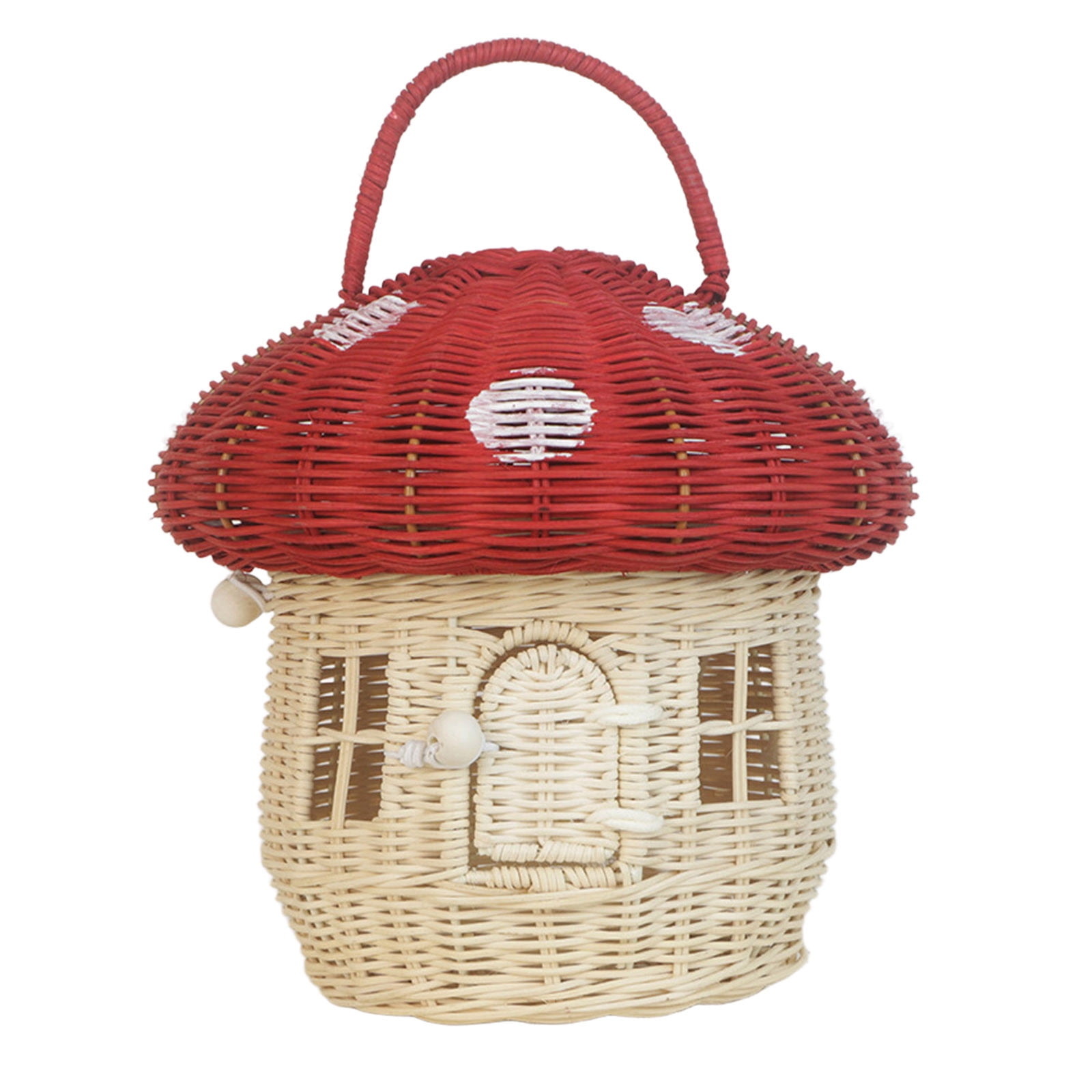 XINGXIANG Mushroom Basket with Lid,Easter Basket for Kids,Mushroom Storage Basket,Handmade Rattan Basket,Portable Picnic Basket,Woven Shelf Organizer for Doll House,Home Decoration(Red Top)