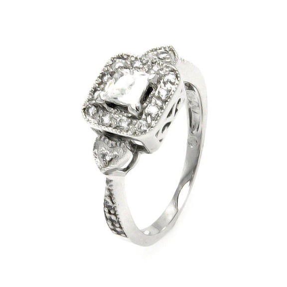 Clear Cluster Cubic Zirconia Square Heart Designer Ring Rhodium Plated Sterling Silver Size 7