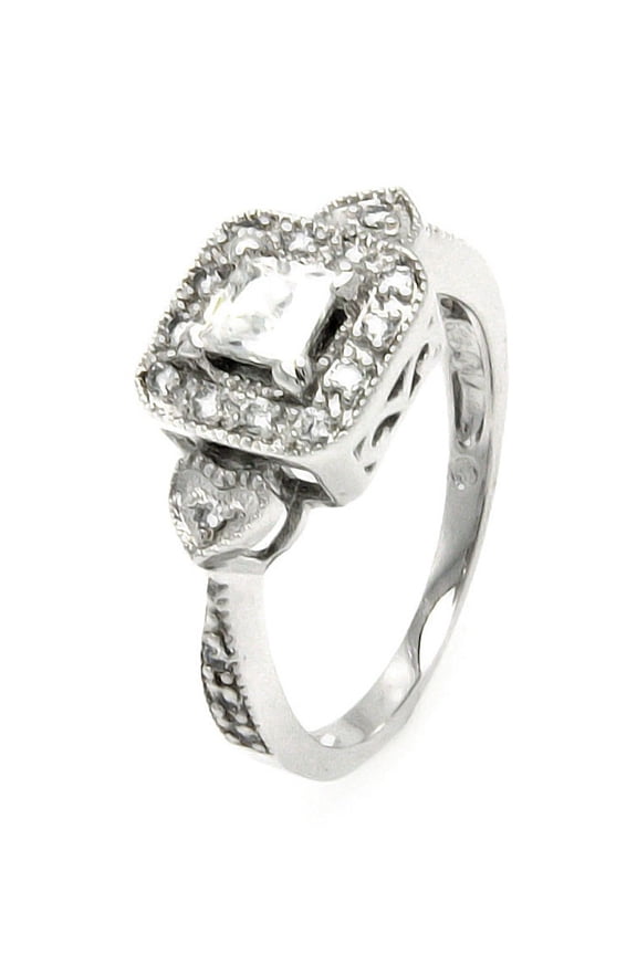 Clear Cluster Cubic Zirconia Square Heart Designer Ring Rhodium Plated Sterling Silver Size 7