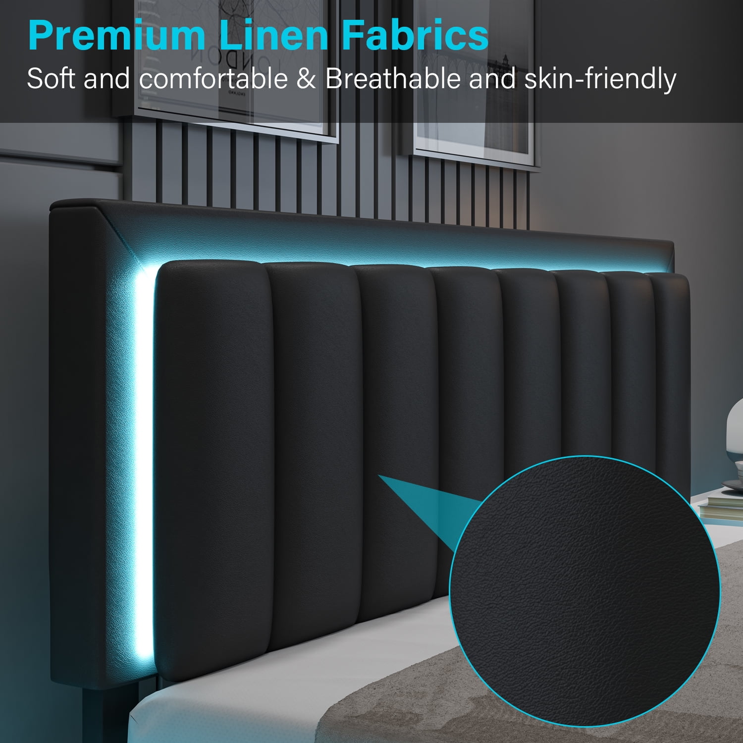 4 EVER WINNER Full Bed Frame with LED Light, Upholstered Platform Bed Frame with Headboard, Black