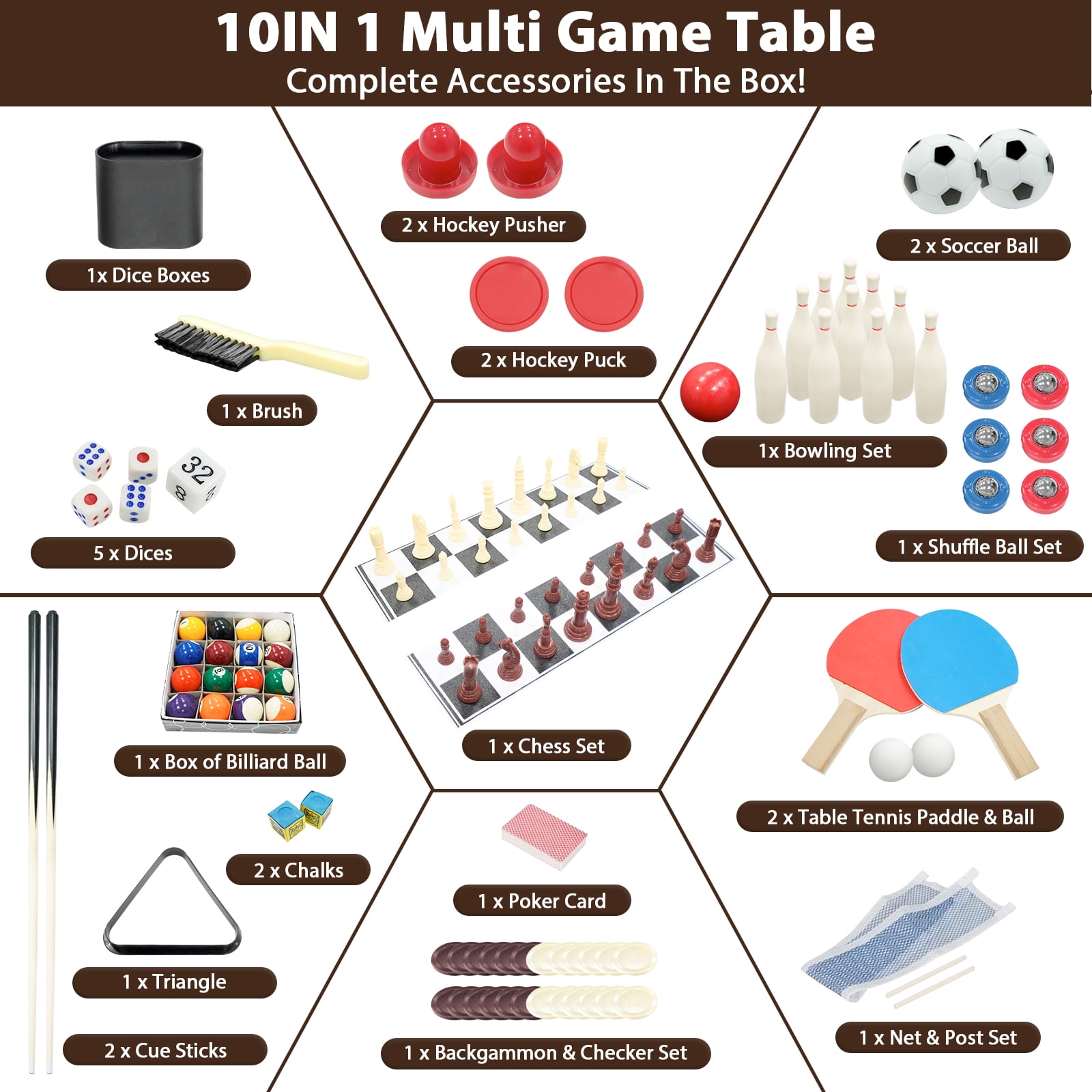 2x4ft 10-in-1 Combo Game Table Set for Home, Game Room, Friends & Family w/Hockey, Foosball, Pool, Shuffleboard, Ping Pong, Chess, Checkers, Bowling, and Backgammon