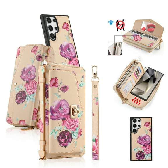 ELEHOLD Multi-Functional Wallet Case for Samsung Galaxy S24 Large Capacity 14 Card Slots Magnetic Detachable Phone Case with Wristband Shoulder Strap Luxury Flower Purse Phone Bag,Yellow