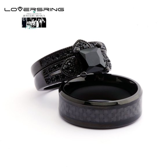 His and Hers Wedding Ring Sets Couples Rings Black Gold Plated Square Cz Stainless steel band