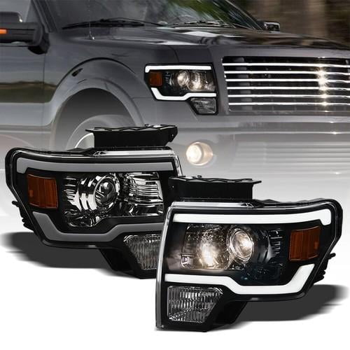 For 2009-2014 Ford F150 Black Projector Headlights Signal Amber w/LED Tube Bar