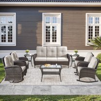 Unnifurnzi 8 Pieces Patio Furniture-Outdoor Swivel Rocking Chair Outdoor Wicker Sofa Couch with Glass Coffee Table Outdoor Wicker Furniture Set for Deck Porch Garden Balcony Poolside-Black/Beige