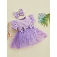 thumbnail image 4 of Musuos Baby Girl Valentine's Day Jumpsuit with Bow Headband 3 6 12 18 24M Short Sleeve Tulle Mesh Ribbed Patchwork Romper Dress, 4 of 10