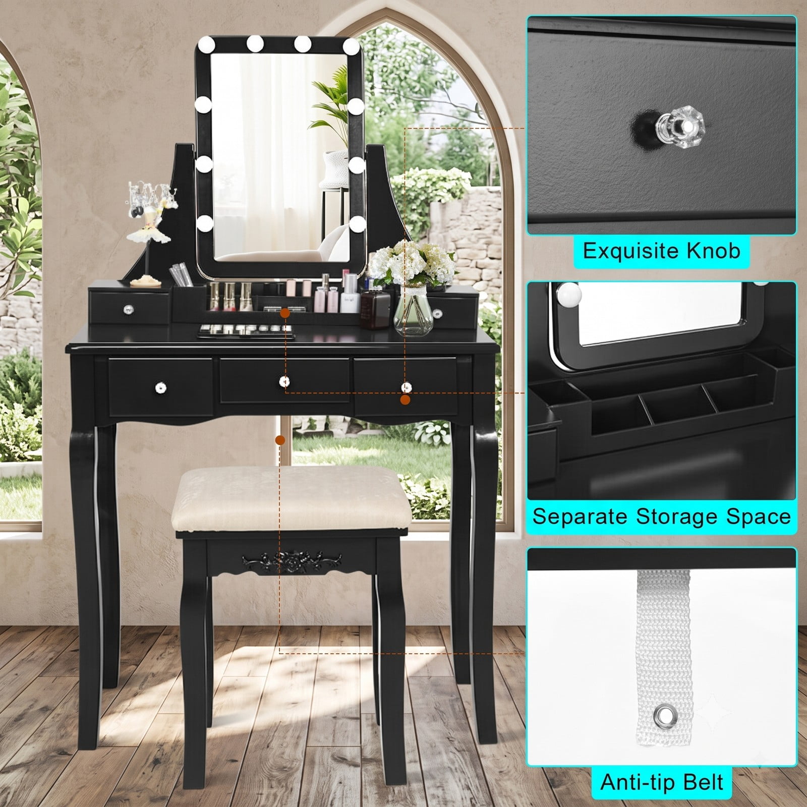Furnibear Vanity Dressing Table with 10 Dimmable Light Bulbs and Cushioned Stool, Makeup Vanity Desk with 5 Drawers and Rotating Mirror, Black
