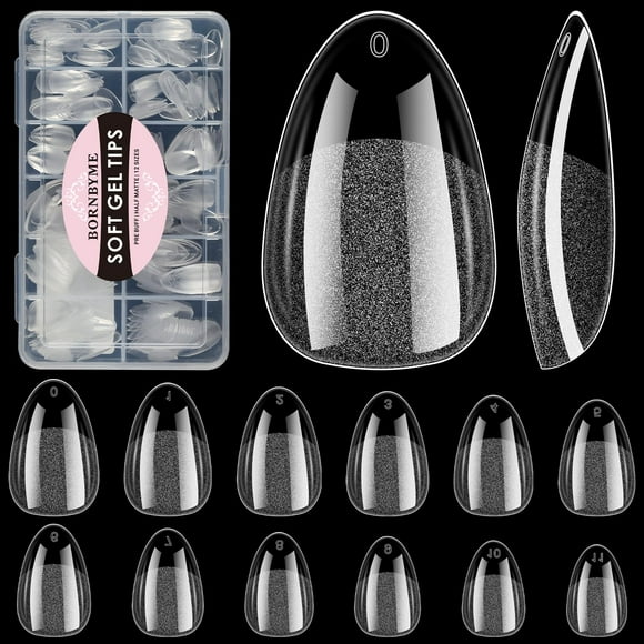 Extra Short Almond Soft Gel Nail Tips, 216 PCS Pre Buff Full Cover Shaped Nail Extenison Tips Half Matte Gel Nail Tips