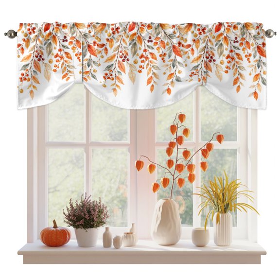 Orange Leaves Fall Tie Up Valance Curtains for Windows, Kitchen Curtains Window Treatments, Thanksgiving Weeping Berry Botanical Short Window Shades Valances for Bedroom Bathroom Cafe 42"x12"
