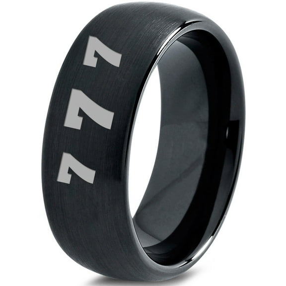 Tungsten Lucky Number Seven Band Ring 8mm Men Women Comfort Fit Black Dome Brushed Polished
