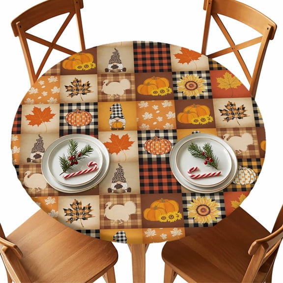 Round Tablecloth Plaid Fall Thanksgiving Elastic Edge Fitted Pumpkins Gnomes Maple Leaf Turkey Plastic Table Cover,Waterproof Oil Proof for Dinner,Outdoor, Picnic, 45"- 54" DIA Tables