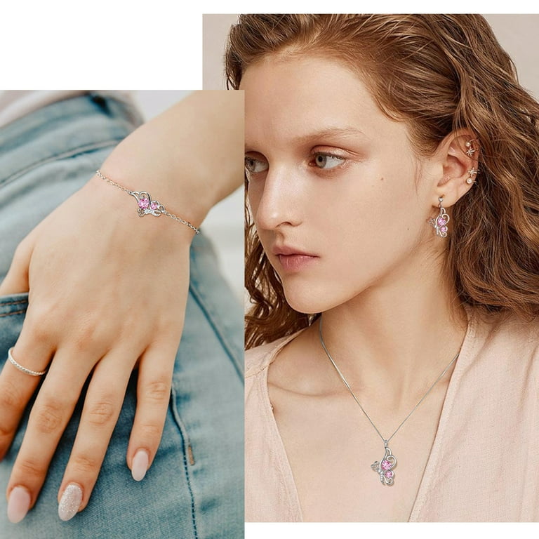 12 Birthstone Butterfly Heart Jewelry Set - 925 Sterling Silver Necklace/Earrings/Ring/Bracelet