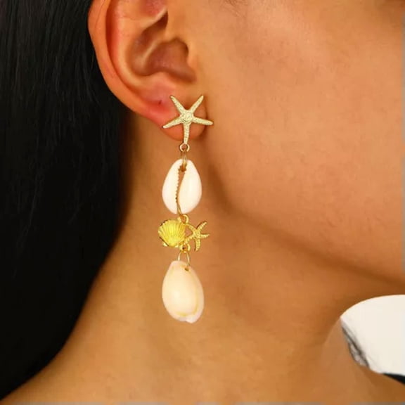 HOOUN Long Starfish Earrings Stud Shell White Sea Gold Tone Beach Theme Vacation